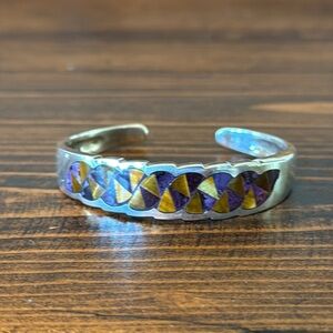 Unique Sterling Silver Cuff Inlaid Amber & Purple Spiny Oyster